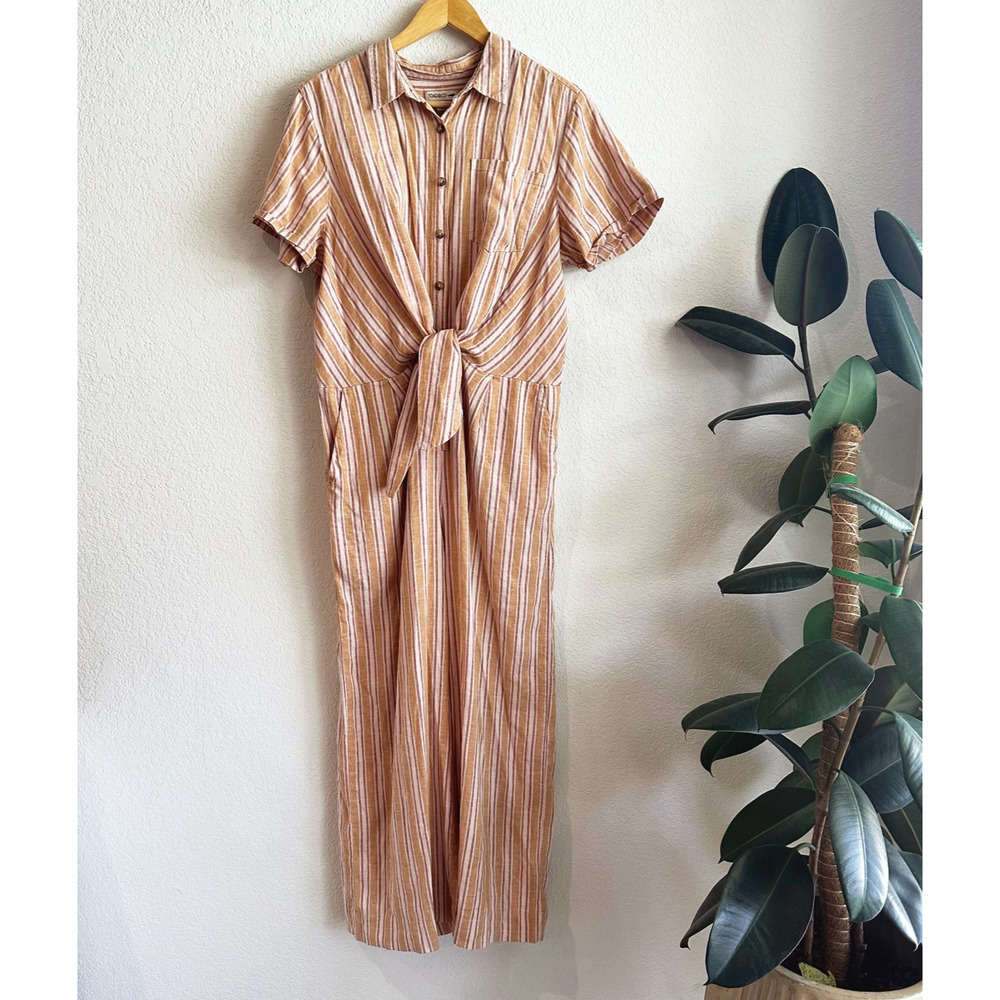 Toad&Co Striped Button-Front Jumpsuit in Peach and White